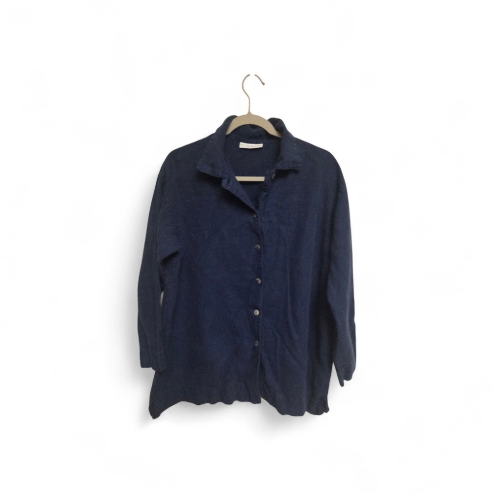Bryn Walker Navy Blue Linen Button‎ Down Shirt Made in USA Womens Relaxed Fit